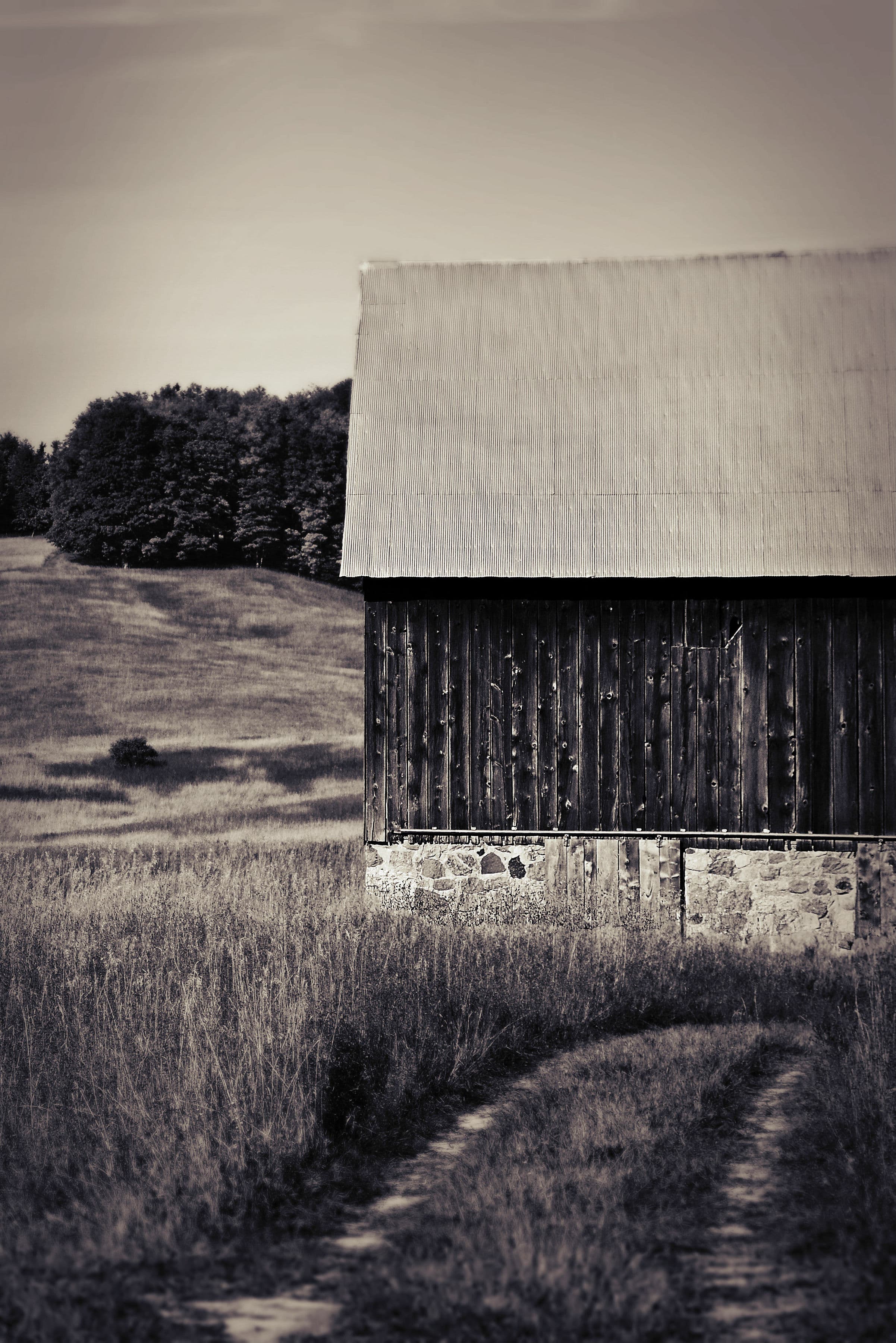 A rustic wooden barn sits at the edge of a grassy field under a cloudy sky.