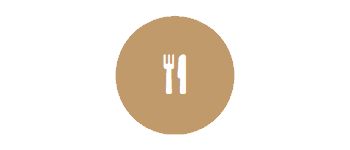 Icon of a fork and knife inside a circle.